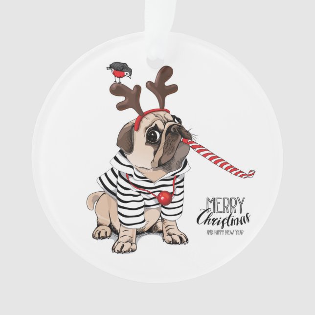 Merry Christmas | Pug Reindeer Ornament (Front)
