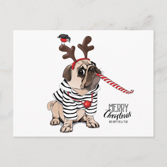 Merry Christmas | Pug Reindeer Postcard (Front)