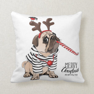Merry Christmas   Pug Reindeer Throw Pillow