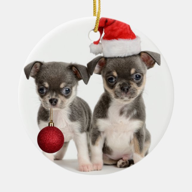 Merry Christmas Puppies Ceramic Ornament (Front)