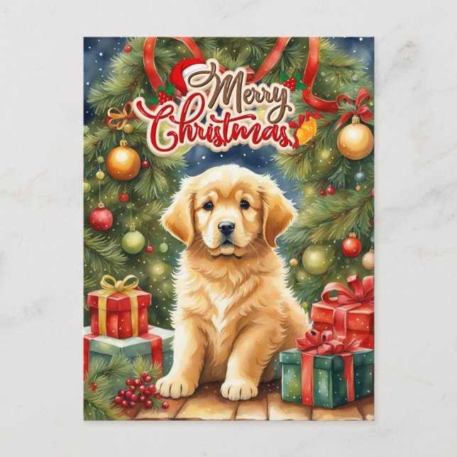 Merry Christmas Puppy and Christmas Tree  Holiday Postcard (Front)