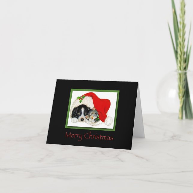 Merry Christmas Puppy and Kitten Card (Front)