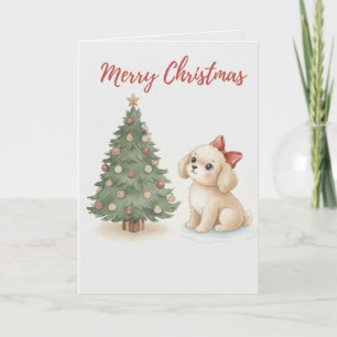 Merry Christmas Puppy Card Fluffy Dog with Tree