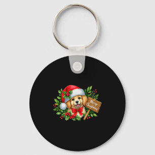 Merry Christmas Puppy Santa Hat Holly Sign Premium Keychain