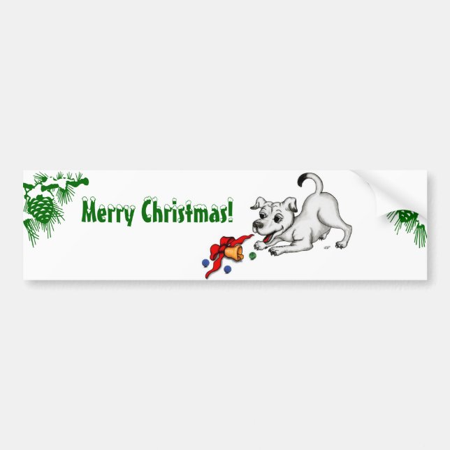 Merry Christmas! Puppy with Bell and Ball Bumper Sticker (Front)
