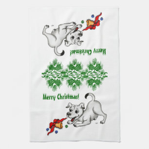 Merry Christmas! Puppy with Bell and Ball Kitchen Towel