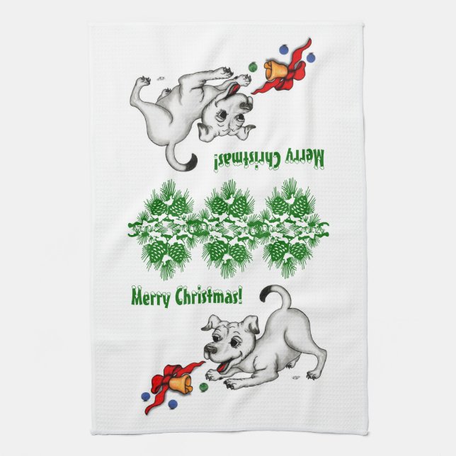 Merry Christmas! Puppy with Bell and Ball Kitchen Towel (Vertical)