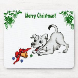 Merry Christmas! Puppy with Bell and Ball Mouse Pad