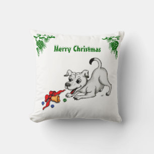 Merry Christmas! Puppy with Bell and Ball Throw Pillow
