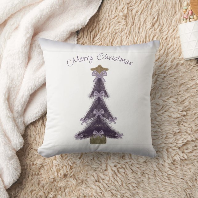 Merry Christmas Purple Bows Ribbons Gold Star Tree Throw Pillow (Blanket)