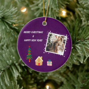 Merry Christmas Purple Family Photo Ceramic Ornament