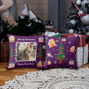 Merry Christmas Purple Family Photo  Throw Pillow