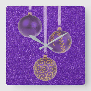 Merry Christmas Purple Glitter Baubles Elegant Square Wall Clock