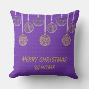 Merry Christmas Purple Gold Glitter Baubles Text Outdoor Pillow