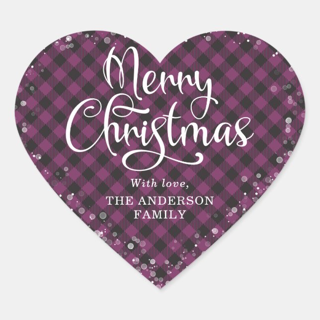 Merry Christmas Purple Plaid Calligraphy Snow Heart Sticker (Front)
