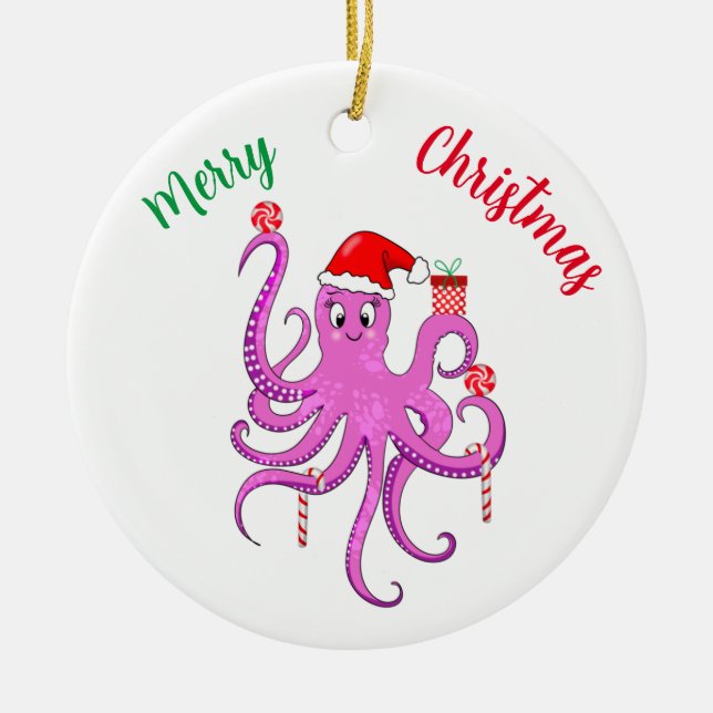 Merry Christmas Purple Santa Octopus Ceramic Ornament (Front)