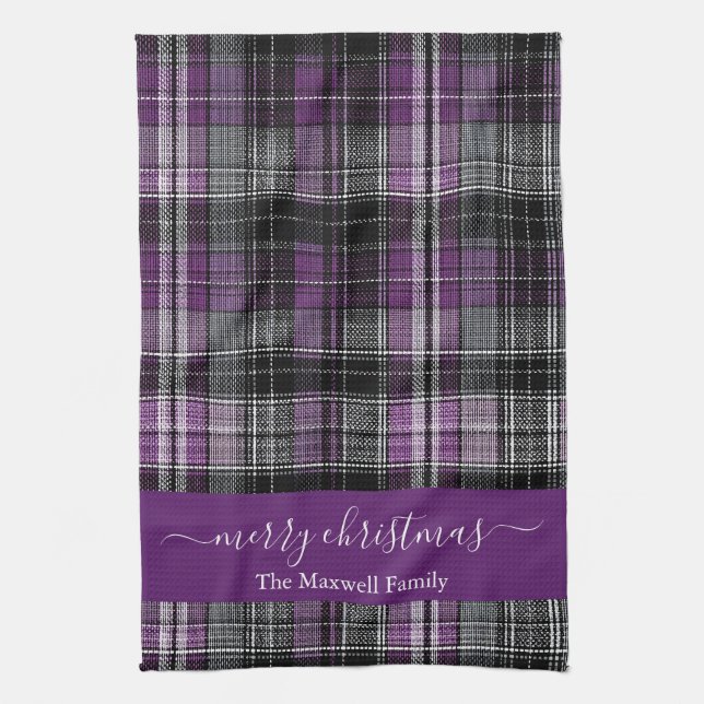 Merry Christmas purple tartan plaid script name Kitchen Towel (Vertical)