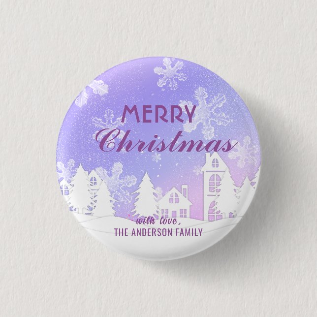 Merry Christmas Purple White House Snowflakes  1 Inch Round Button (Front)