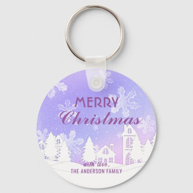Merry Christmas Purple White House Snowflakes  Keychain (Front)
