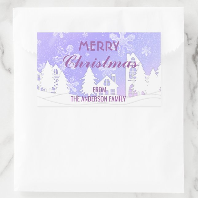 Merry Christmas Purple White House Snowflakes Sticker (Bag)