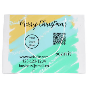 Merry Christmas QR code business yellow green wate Large Gift Bag