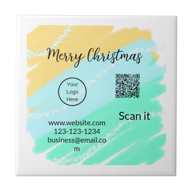Merry Christmas QR code business yellow green wate Tile (Front)