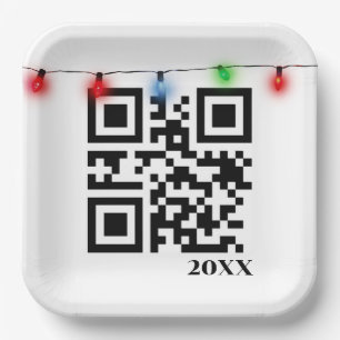 Merry Christmas QR Code With String Lights Paper Plate