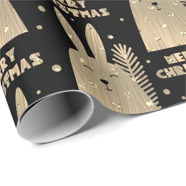 Merry Christmas Rabbit Sepia Gold Metallic Black Wrapping Paper (Roll Corner)