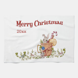 Merry Christmas Rabbit Teasing Bunny with Year Kitchen Towel