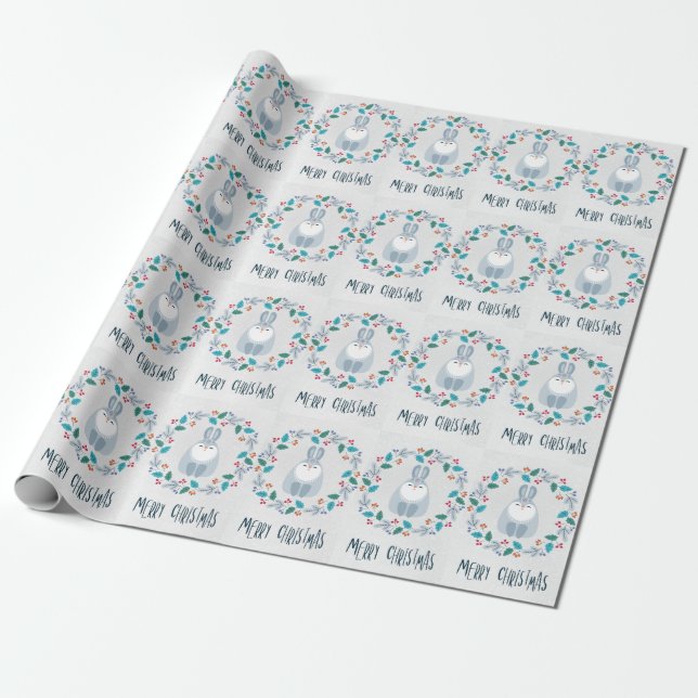 Merry Christmas Rabbit Wreath Wrapping Paper (Unrolled)
