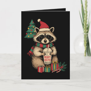 Merry Christmas Raccoon Boba Tea Santa Hat Xmas Card
