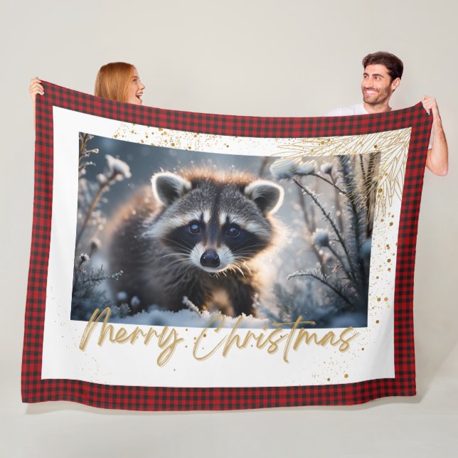 Merry Christmas Raccoon Fleece Blanket (In Situ)