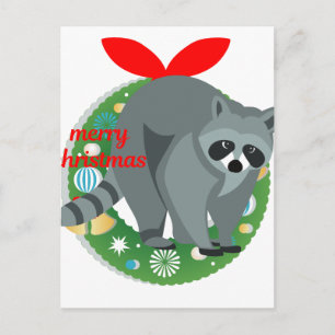merry christmas raccoon holiday postcard