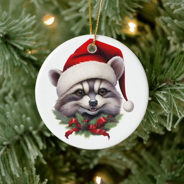 Merry Christmas Raccoon in Santa Hat Holly Berries Ceramic Ornament (Tree)