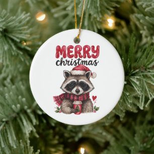Merry Christmas Raccoon Santa Hat Coffee Plaid Ceramic Ornament