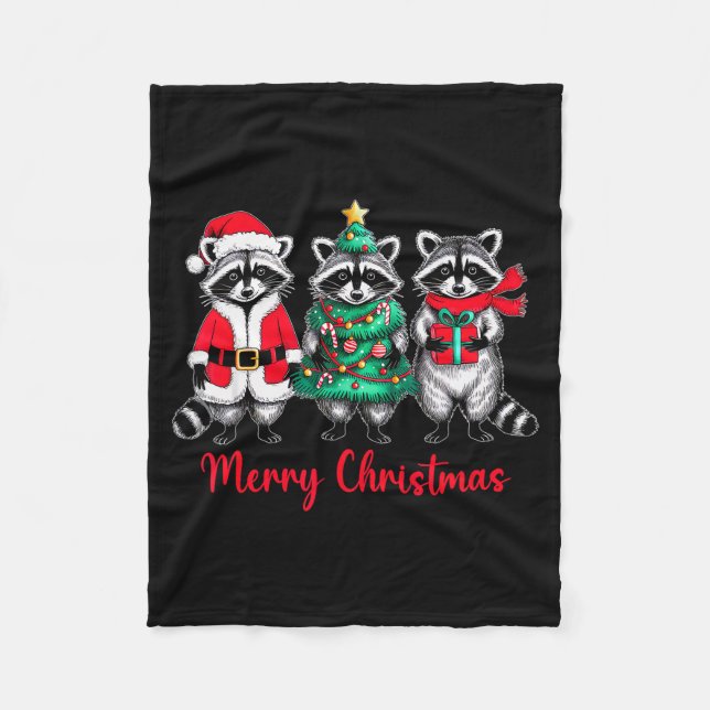 Merry Christmas Raccoon Santa Hat Xmas Animal Racc Fleece Blanket (Front)