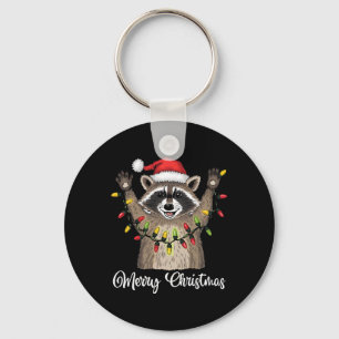 Merry Christmas Raccoon Santa Hat Xmas Light Pjs M Keychain