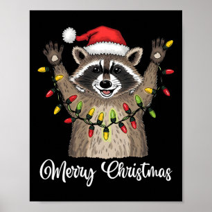Merry Christmas Raccoon Santa Hat Xmas Light Pjs M Poster