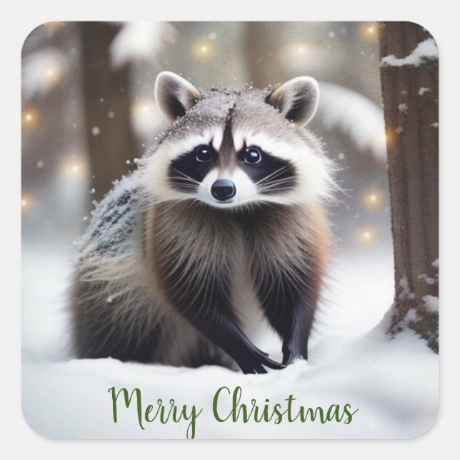 Merry Christmas Raccoon Square Sticker (Front)