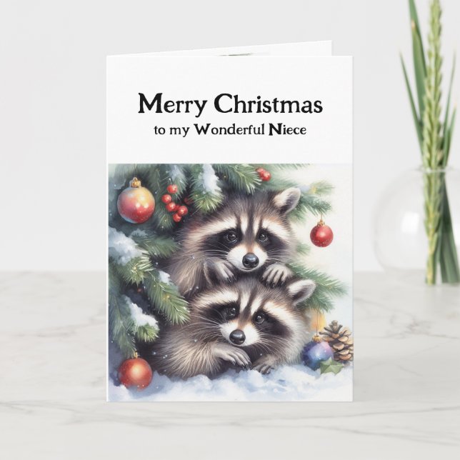 Merry Christmas Raccoons Niece Card (Front)