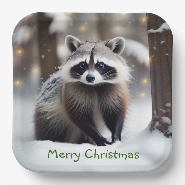 Merry Christmas Racoon Paper Plate (Front)
