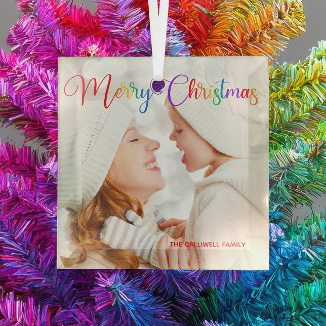 Merry Christmas Rainbow Script Family Photo Pretty Glass Ornament (Creator Uploaded)