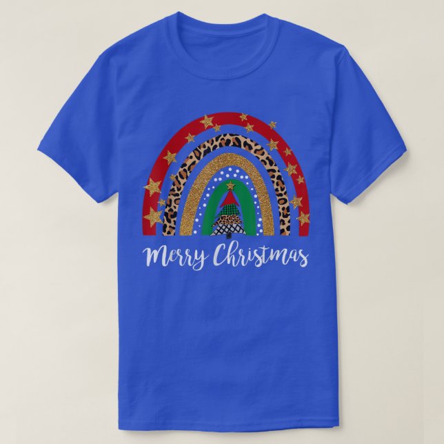 Merry Christmas Rainbow Tree Leopard Buffalo Red P T-Shirt (Design Front)
