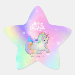 Merry Christmas Rainbow Unicorn Holiday Gift  Star Sticker