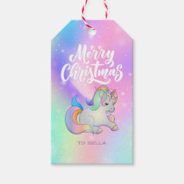 Merry Christmas Rainbow Unicorn Holiday Star  Gift Tags