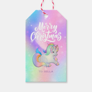 Merry Christmas Rainbow Unicorn Holiday Star  Gift Tags