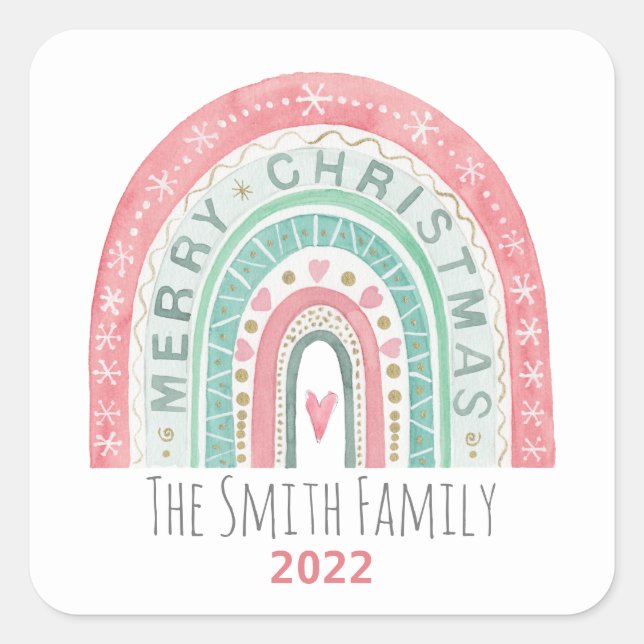 Merry Christmas Rainbow watercolors red green Square Sticker (Front)