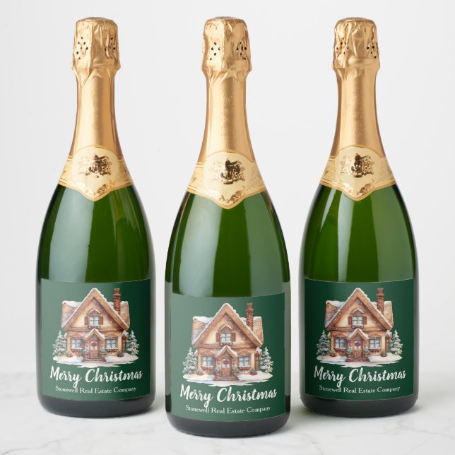 Merry Christmas Real Estate Company Green Party Sparkling Wine Label (Bottles)