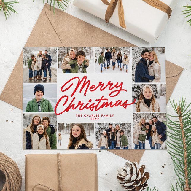 Merry Christmas red 10 photo collage Holiday Card (Creator Uploaded)
