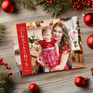 Merry Christmas red 2 photos family gold Foil Holiday Postcard
